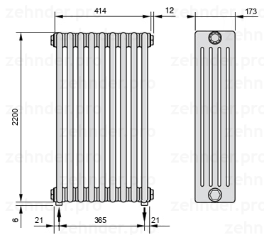 Схема (чертеж) Радиатор Zehnder Charleston 5220/9 №5310 Белый глянцевый RAL 9016